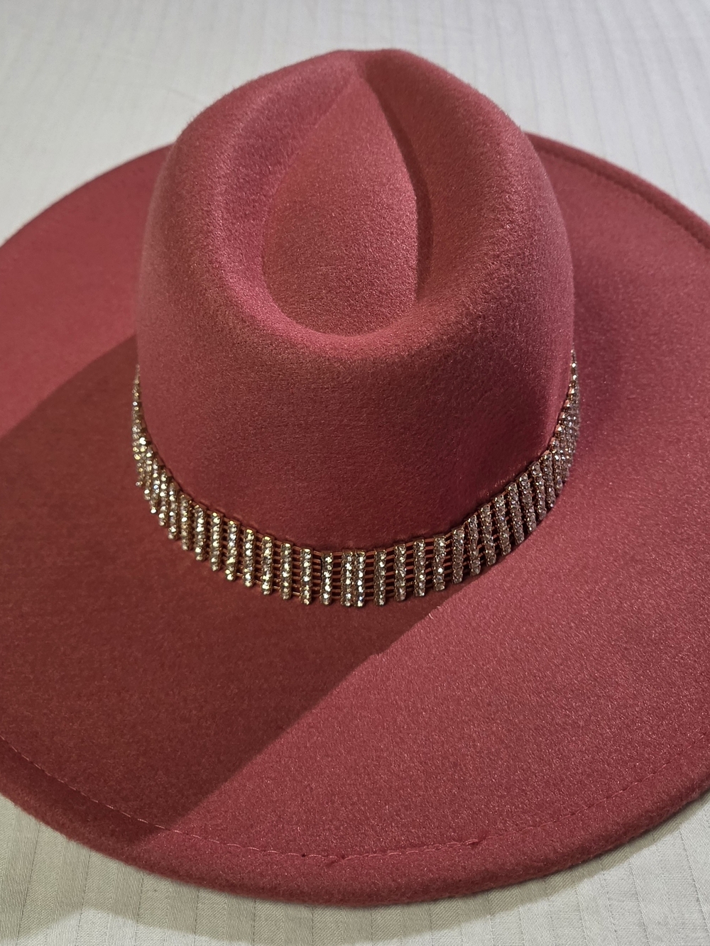 Women’s Wide Brim Felt Fedora Hat with Rhinestone Band - Pink